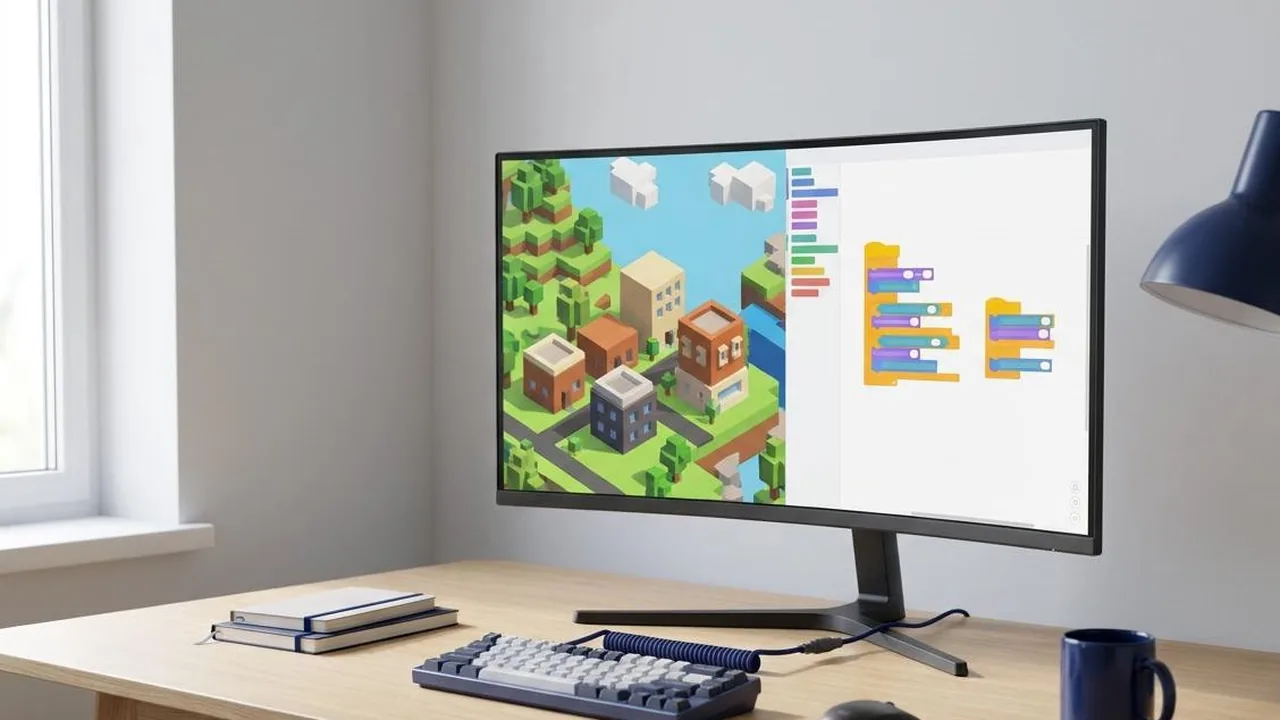 Minecraft創意編程課 首屏主視覺：遊戲化積木編程與創意建築任務場景（不含任何官方標誌）